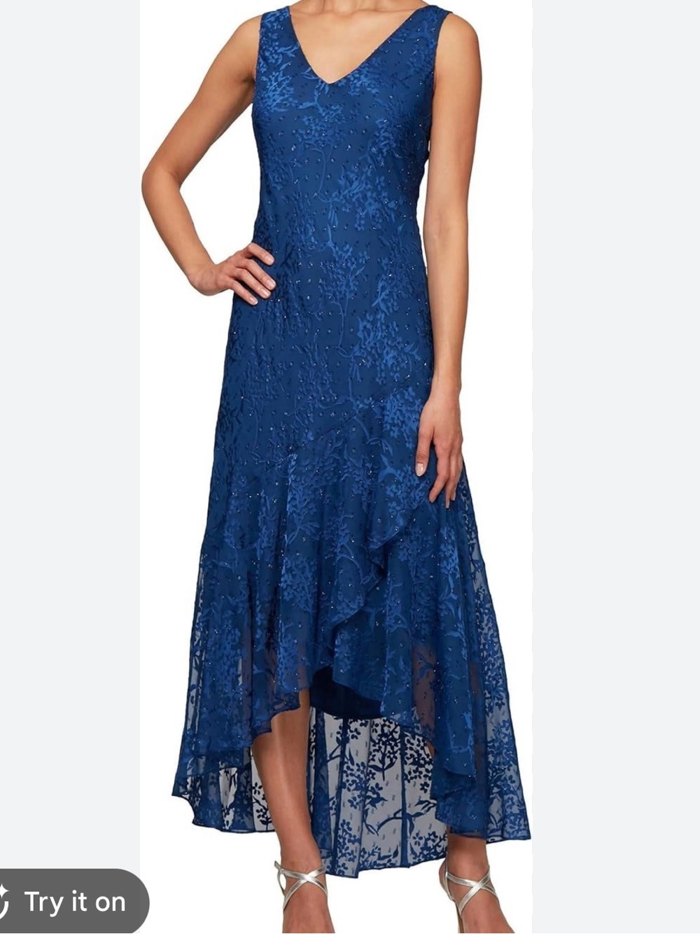 Alex Evenings Sleeveless Beaded Chiffon Mid Length Dress Metallic Blue Size 14 - Picture 6 of 7